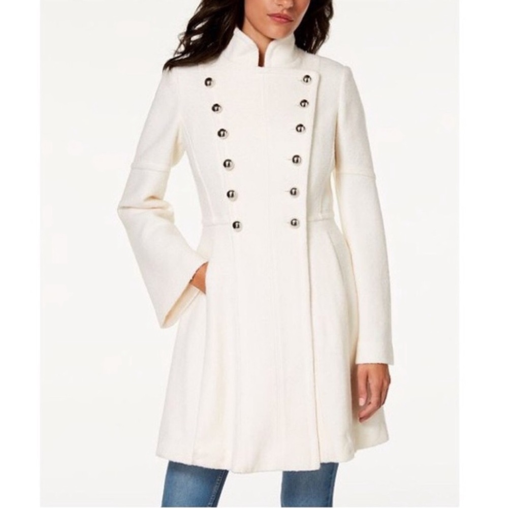 NWT Guess Skirted Double-Breasted Military Coat Winter White Walker Wool Blend